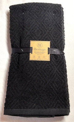 HERITAGE KITCHEN TOWES (2) BLACK RAISED DIAMONDS 100% COTTON NWT