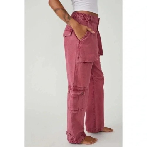 New Free People Marx Slouchy Cargo Jeans Pants Wide Leg Slouchy Raspberry 24 - Picture 2 of 12