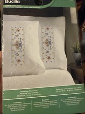 Pair New BUCILLA Floral Butterfly Bow 20 x 30  Pillowcases Stamped Cross Stitch