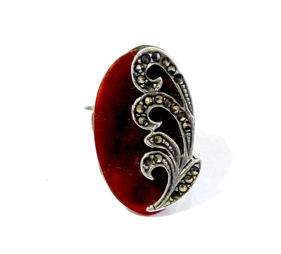 Bijou argent massif poinçon minerve bague cornaline réhaussée marcassites T 60 - Imagen 4 de 4