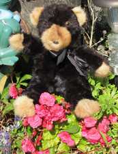 VINTAGE BLACK TEDDY BEAR REAL FUR SOFT MINK CARMEL ACCENTS CHUBBY ARTIST 12"