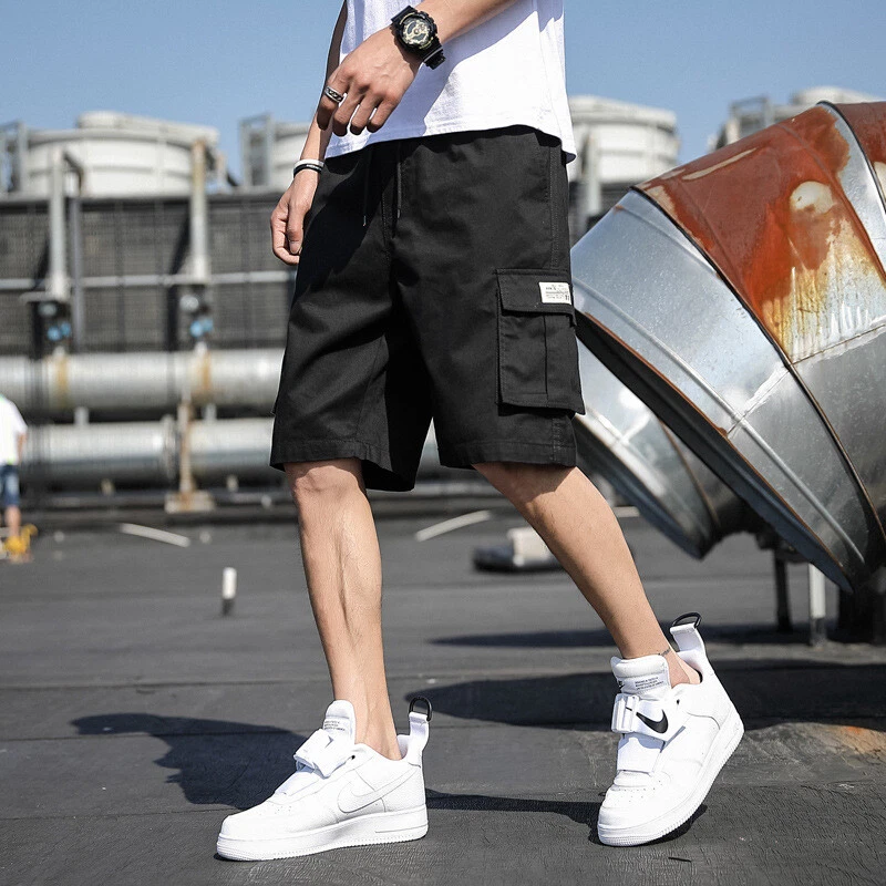 Men Fashion Drawstring Solid Color Cotton Losse Mid Rise Casual Cargo Shorts