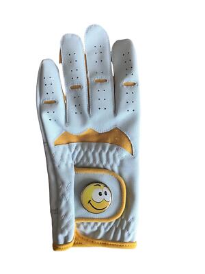 NEUER JUNIOR ALLWETTER-GOLFHANDSCHUH. GRÖSSE MEDIUM. GELBER HAPPY BALL MARKER.
