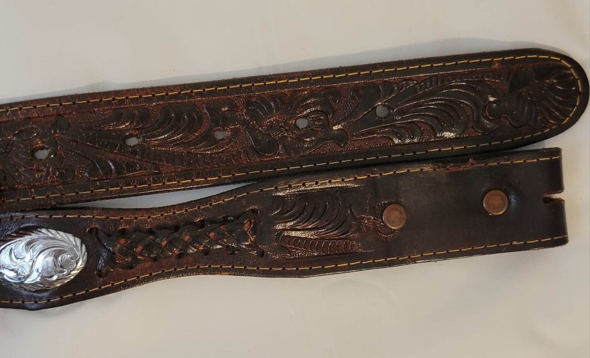 Vintage Western Tooled Leather Belt with Silver Conchos Size 