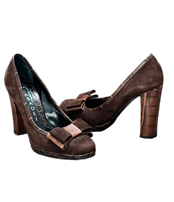 Casadei  Italy Brown Suede & Leather Crocodile Embossed Block Heel Bow Pumps 5.5