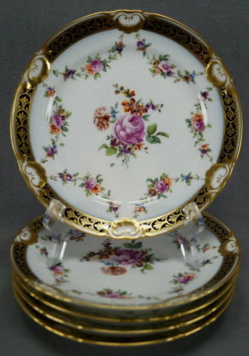 Set of 5 Royal Vienna Hand Painted Floral Cobalt & Gold 7 7/8 Inch Plates C 1808