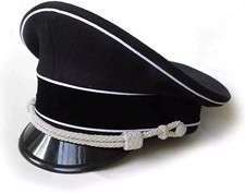 WW2 German SS Officer Visor Cap Black Crusher Hat with Silver Piping