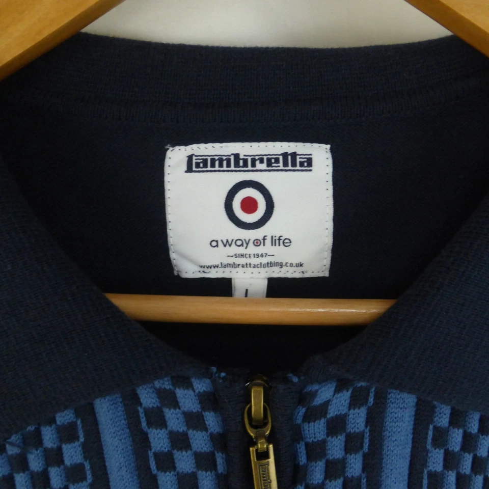 Lambretta 1/4 Zip Up Collared Size Large Blue Navy Checkerboard Long Sleeve - Image 3 of 4