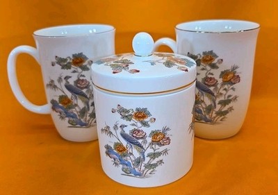 Wedgewood Kutani Crane 2 Coffee Tea Mugs & Lidded Jar Dish China Discontinued!