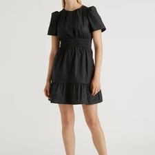 Womens Quince 100% Organic Cotton Poplin Tiered Mini Dress Black Size M EUC!