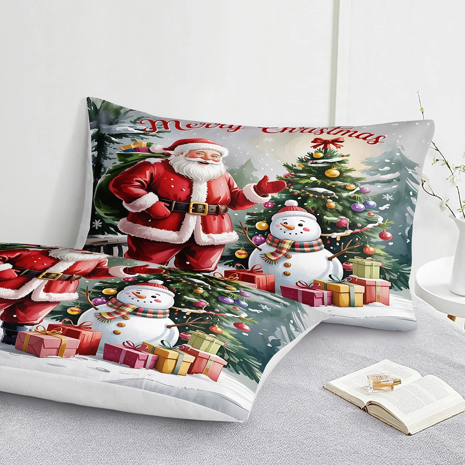 Santa Claus King Comforter Set with Snowman and Christmas Tree Bedding