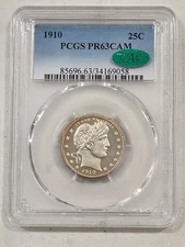 1910 Proof Cameo Barber Quarter ~ PCGS PR63 CAM & CAC ~ 25C US Silver Coin