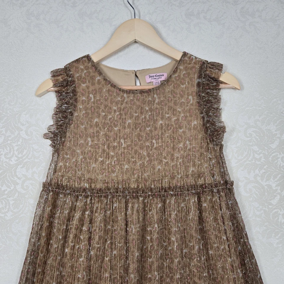 Vestido Juicy Couture Niñas Talla L (12-14) Dorado Estampado Animal Volantes en Niveles Brillante Foto 2 de 4