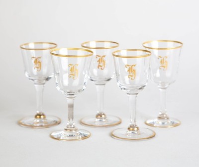 Vintage Gold Monogram Cordial Glasses Set of 5 Elegant Crystal Stemware