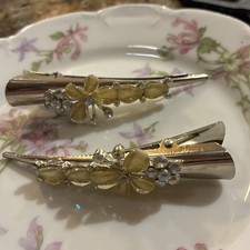 Set Of 2 Hair Clips Clamps Metal With Floral Yellow Flowers Rhinestones