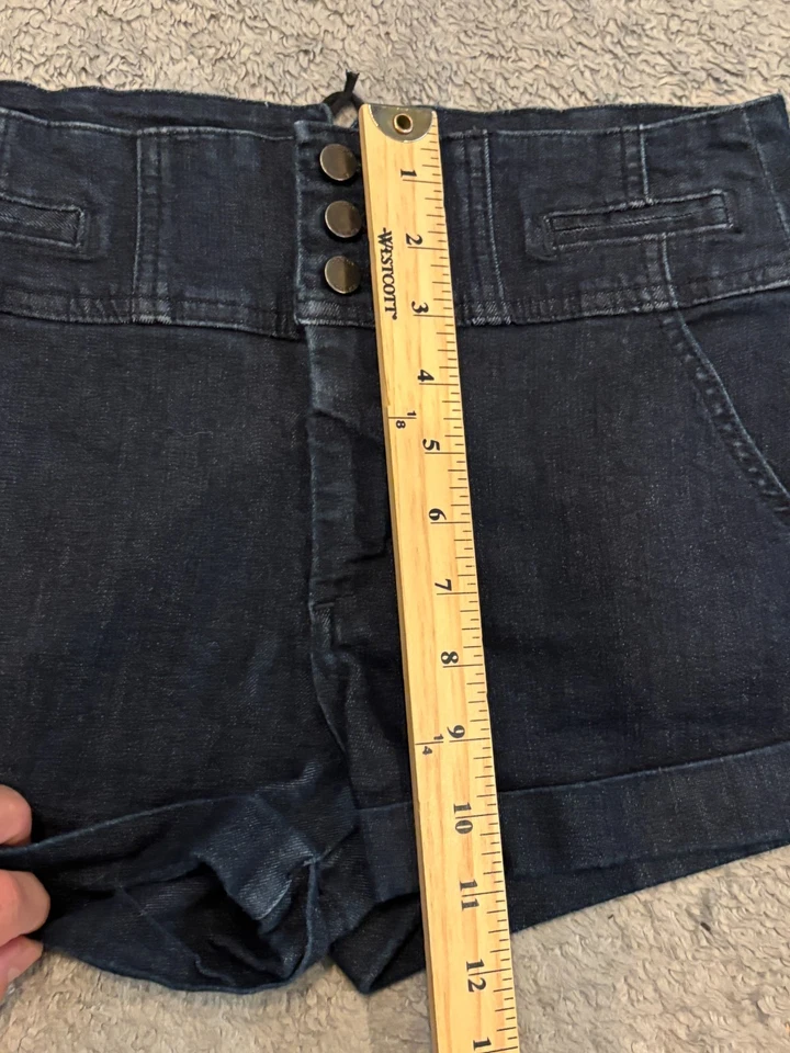 Pantalones Cortos Bebe De Colección Para Mujer 28 Azul Lavado Oscuro Denim Elastizados Botón Mosca Espalda Corbata Foto 4 de 4