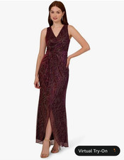 New Women  s Adrianna Papell Metallic Mesh Cascade Gown Dress Size 4