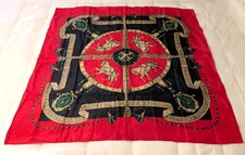 Vintage Women's Equestrian Silk Scarf Horses Tassels Red Black Sq 32 in No Tag