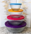 Pyrex 4 Pc Ribbed Glass Nesting Mixing Bowl Set 7401-7404 w/ Color Lids USA