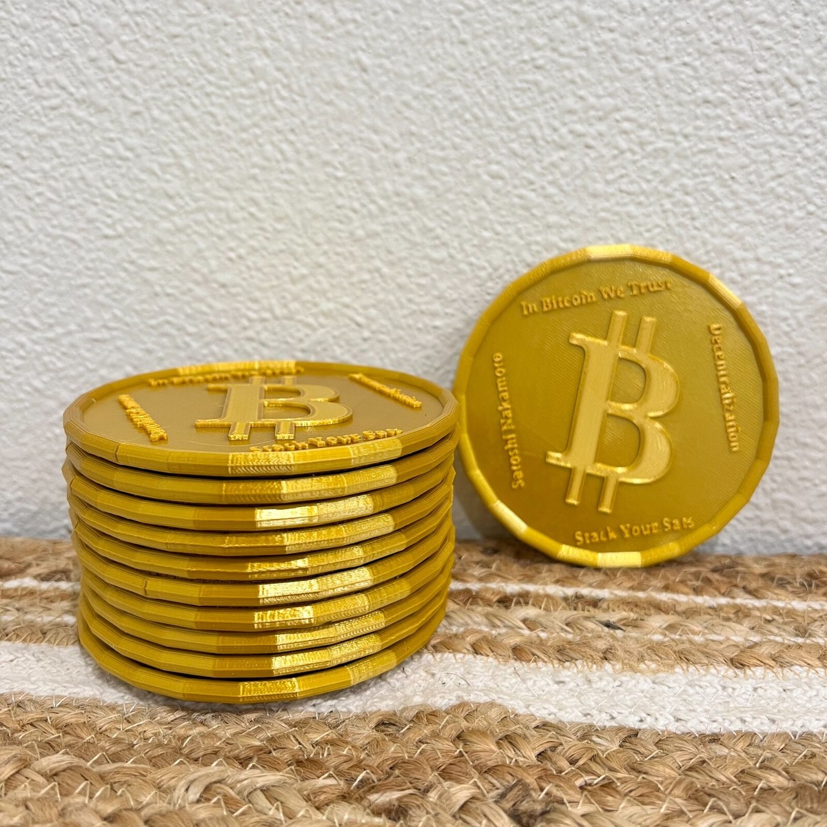 Gold Bitcoin Cryptocurrency Drink Coasters with Natural Cork 7ct - set of 7