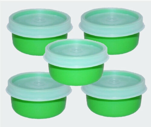 New Tupperware SMIDGETS Green w/Sheer Seals ~ Mini 1 oz Containers ~ Set of 5 ~ - Afbeelding 1 van 4
