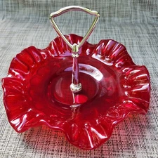 Fenton Candy & Nut Dish Ruby Red Ruffled Rim Metal Handle VTG 70s Tidbit Tray
