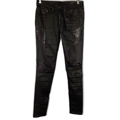 Rag Bone Women’s Black Leather Patches Moto Stretch Skinny Jeans Size 25  Mint!