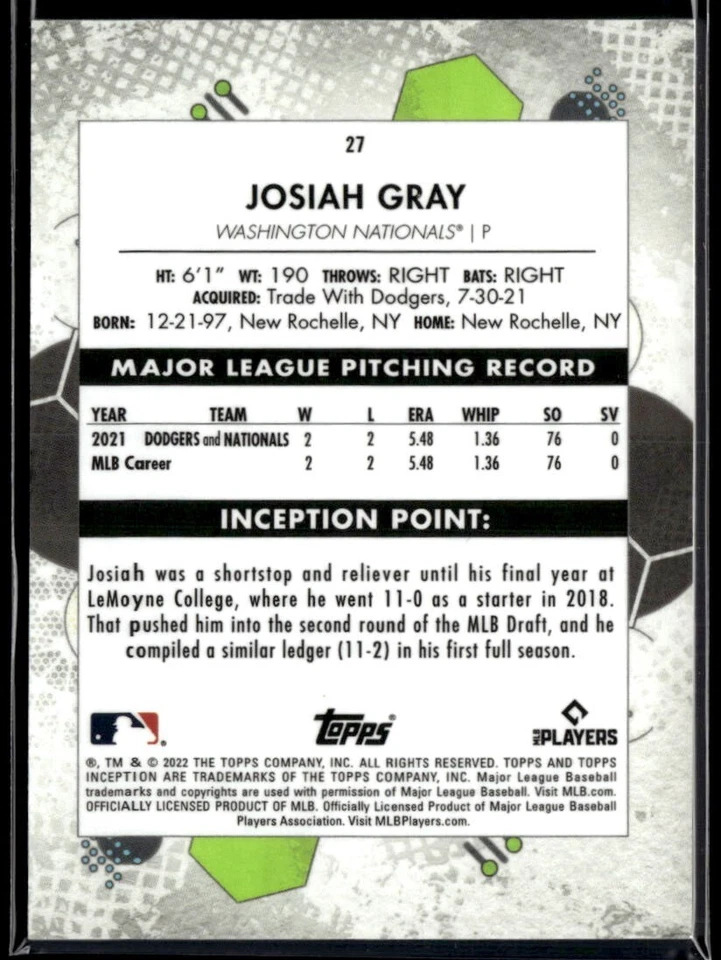 2022 Topps Inception Green #27 Josiah Gray RC  BB01R02B - Image 2 of 2