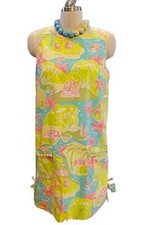 VINTAGE 1990s LILLY PULITZER AQUA PINK GREEN DRESS W BOWS POM POMS PALMS OCEAN