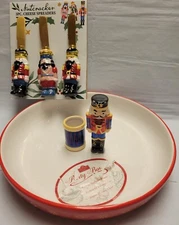 Nutcracker Serving Bowl Toothpick Holder & 3 Cheese Spreaders Knives Christmas