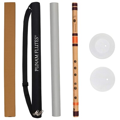 Punam Flutes D Natural Medium Right Handed Bamboo Bansuri Size 17.3'' Inches