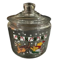 Winnie The Pooh Vintage Christmas Cookie Jar 8" Anchor Hocking Canister Glass 