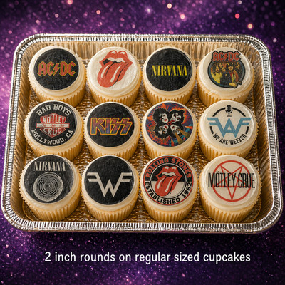 set of 12 Rock Band Mix edible paper dessert toppers, cupcakes, cookies, oreos