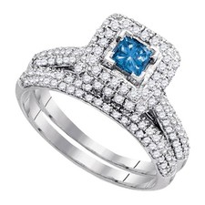 14kt White Gold Womens Princess Blue Color Enhanced Diamond Bridal Wedding