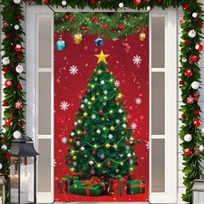 Christmas Front Door Cover Xmas Tree Door Cover Banner Merry Christmas Door H...