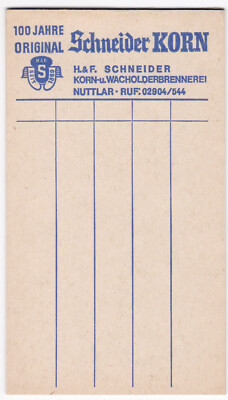 100 Jahre Original Schneider Korn Nuttlar Wacholder Schreibblock Skatblock alt