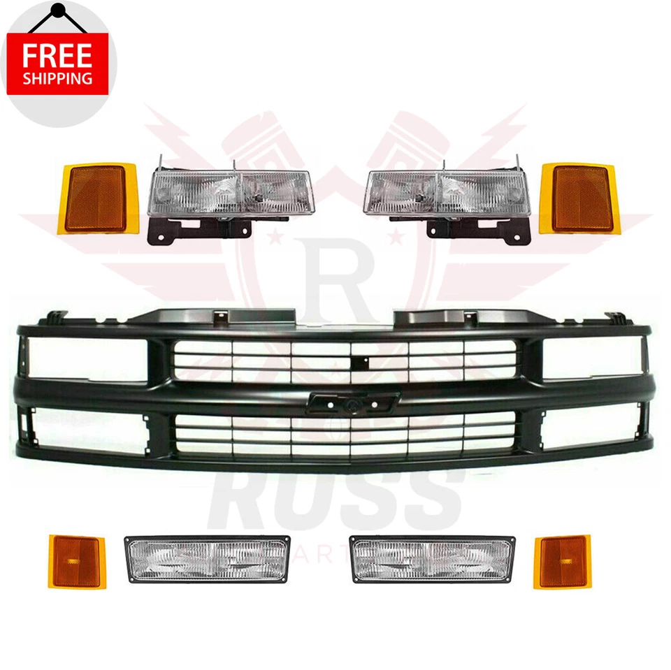 For 1994-2000 Chevy C/K Pickup Front Grille Black + Headlights & Side Markers 9p Foto 2 de 4