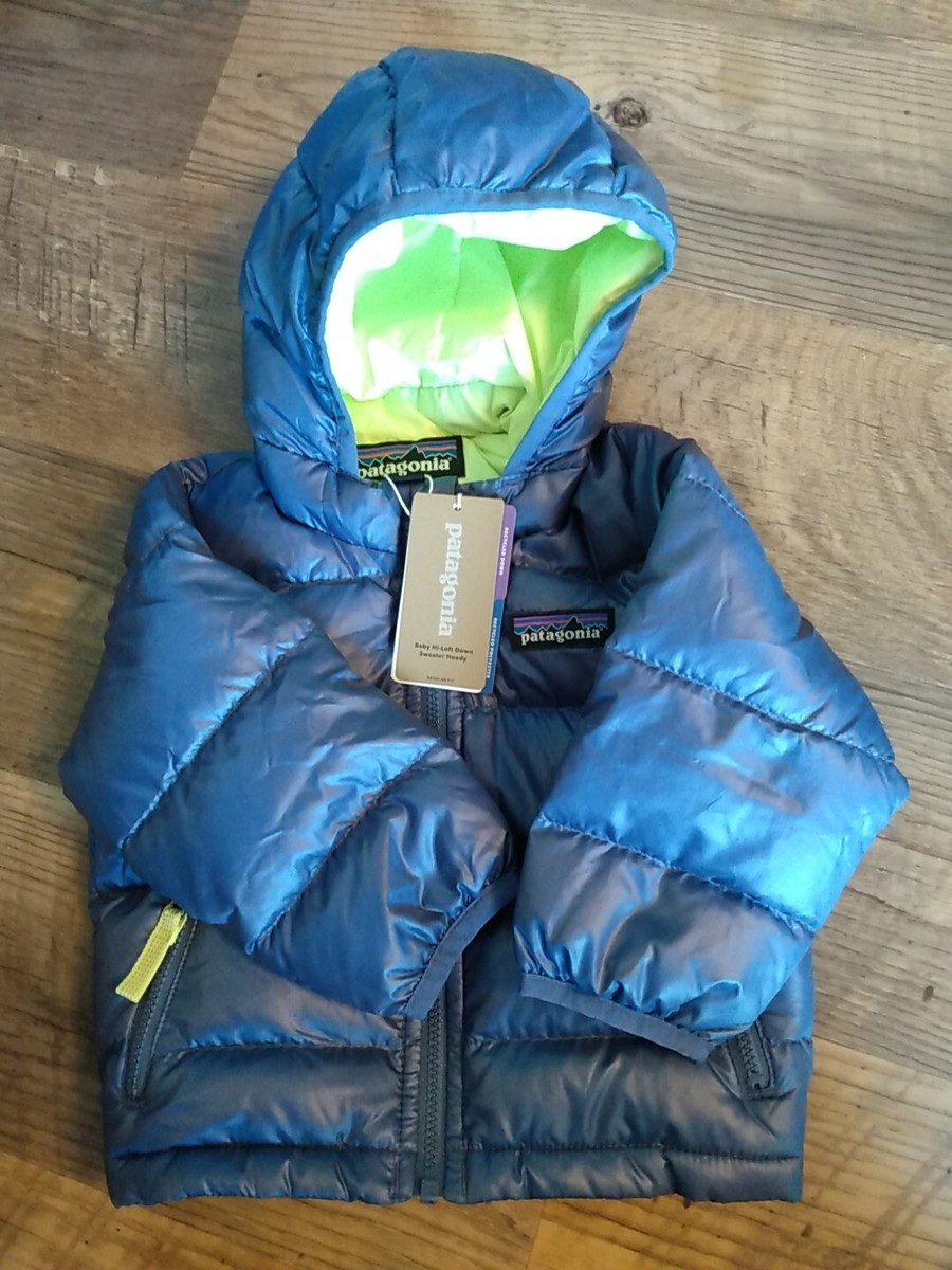 Patagonia Sz 3-6m Baby Hi-Loft Down Sweater Hoody Jacket Blue Current
