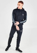 Under Armour Tracksuit Hooded Zip Top And Bottoms Black Poly All Sizes 1370153
