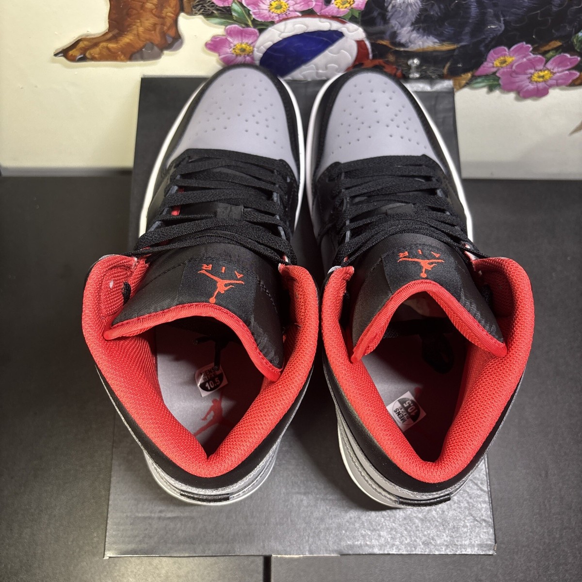 Size 10.5 - Nike Air Jordan 1 Mid Black/Cement Gray-Fire Red Size 10.5 - Nike Air Jordan 1 Mid Black/Cement Gray-Fire Red