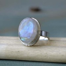 Oval Faceted Blue Fire Rainbow Moonstone Handmade 925 Sterling Silver Ring