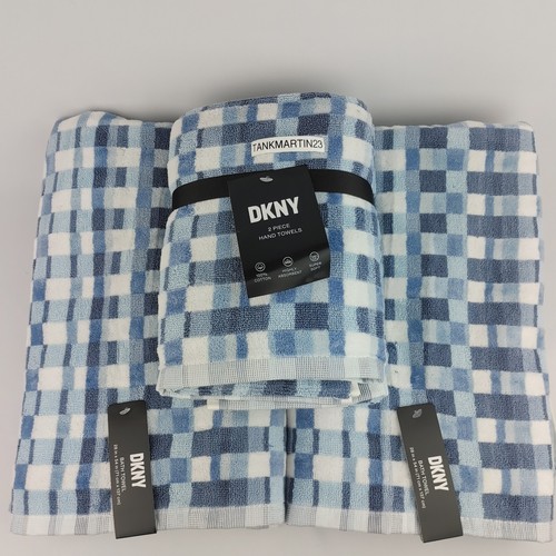 4 Set DKNY Blue White Check Towels (2) Bath Towels & (2) Hand Towels NWT - 第 1/9 張圖片