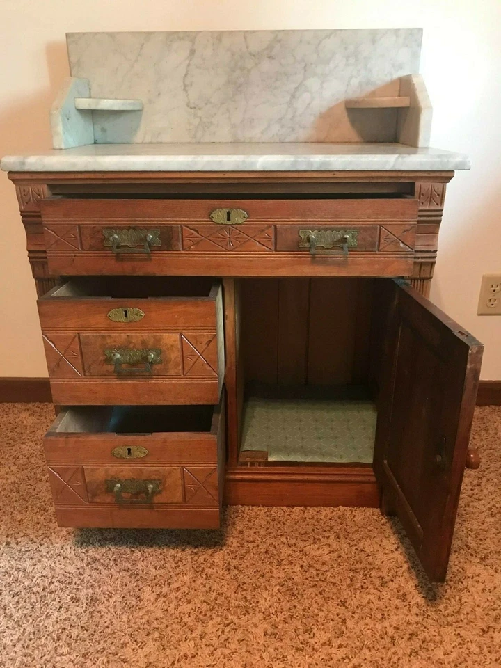Cómoda antigua victoriana con soporte de lavado superior de mármol de nogal Foto 3 de 4