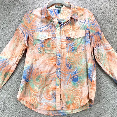 LRL Lauren Jeans Paisley Blouse Medium Boho Colorful Button Up Roll tab Sleeve
