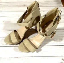 TOP MODA Women's Beige Strappy Sandals Shoes Faux Suede High Heels - Size 6.5