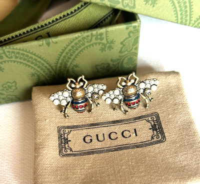 Gucci GG White Pearl and Crystals Aged Gold Tone Bee Earrings | eBay
