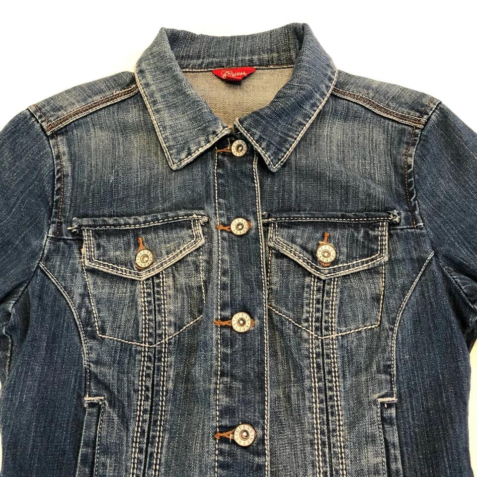 Guess Blue Denim Jacket Medium Wash Button Pockets Juniors Women's Size Small - Image 2 of 4