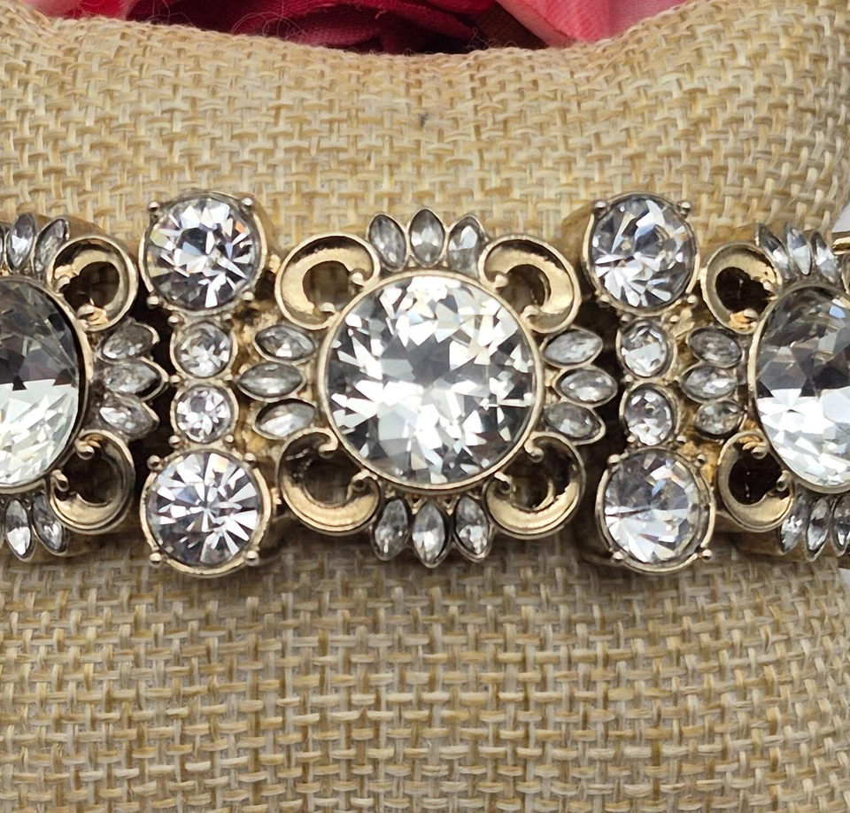 Pulsera Ann Taylor Tono Dorado Gruesa Distintiva Cristal Elástico Formal Ancha Foto 4 de 4