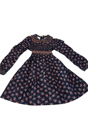 Vintage Polly Flinders Collared Smocked Dress Cross Stitch Floral NAVY 6X NWOT