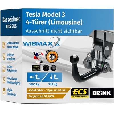 ANHÄNGERKUPPLUNG für Tesla Model 3 ab 19 vert. abnehmbar BRINK +13pol E-Satz ABE